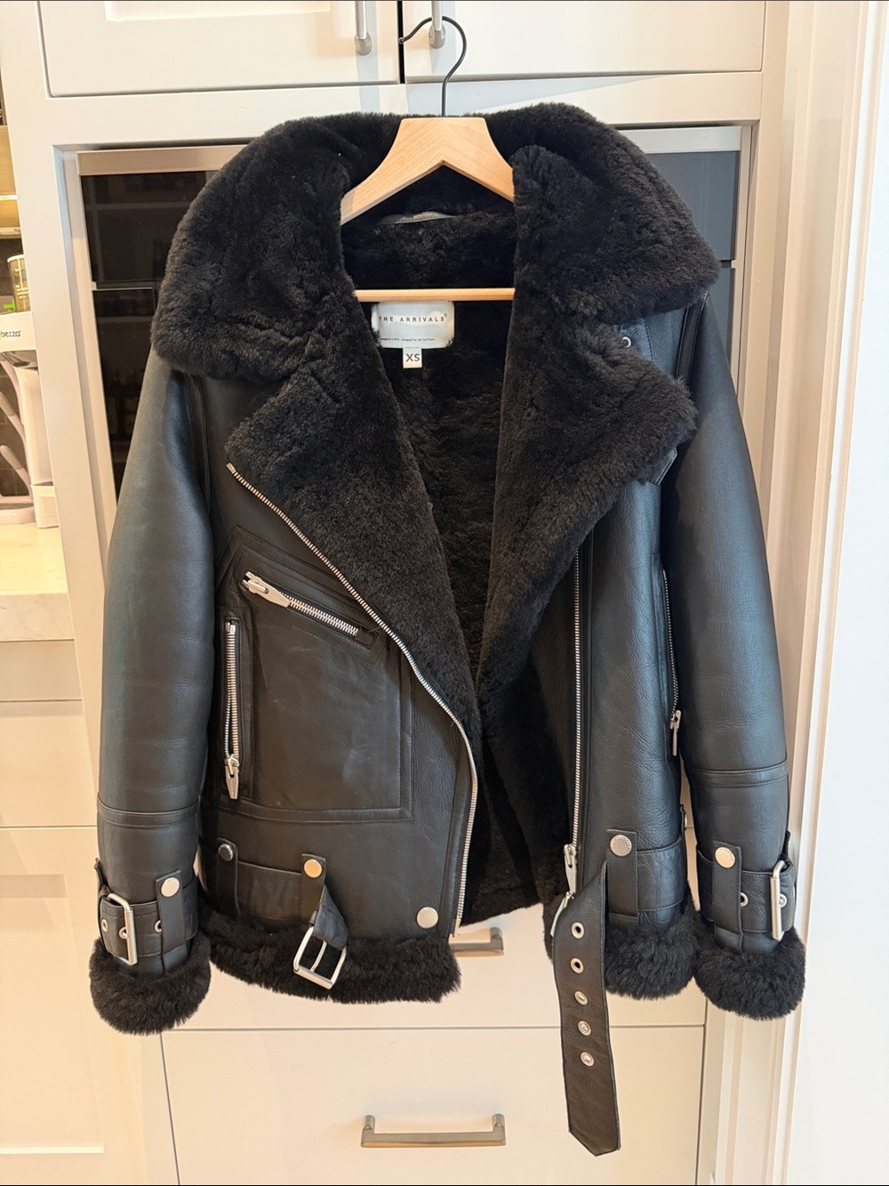 Black Faux Shearling Moto Jacket with Belted Cuffs - Women